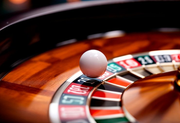 Tampilan studio dealer langsung Three Card Poker di akunslot dengan kartu dan chip profesional